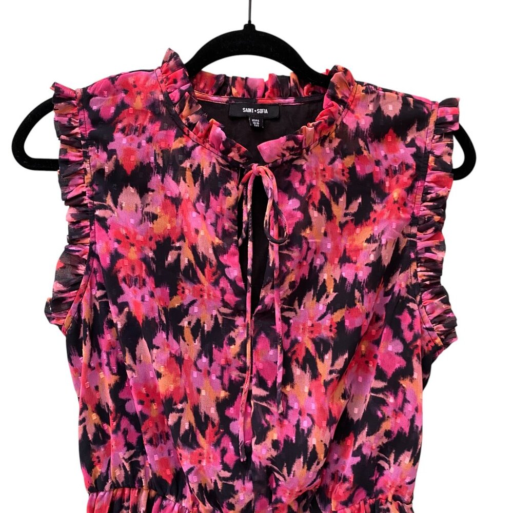 Saint + Sophia Floral Tiered Midi Dress Pink Black Sleeveless Pockets Feminine-6 - Picture 3 of 14